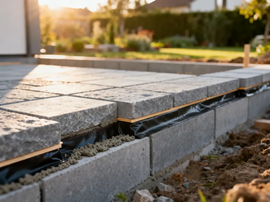 Solidne fundamenty nowoczesnego domu z widocznymi materiałami izolacyjnymi w promieniach porannego słońca.