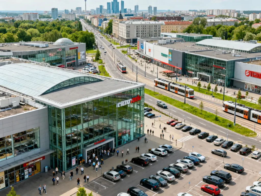 Panoramiczny widok na centra handlowe Poznania z parkingami, zielenią i liniami tramwajowymi prowadzącymi do centrum miasta, no text on the picture
