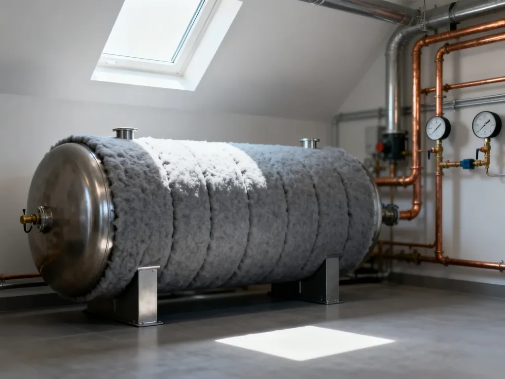 Izolowany zbiornik buforowy o pojemności 1000 litrów w nowoczesnej kotłowni z widoczną instalacją hydrauliczną.