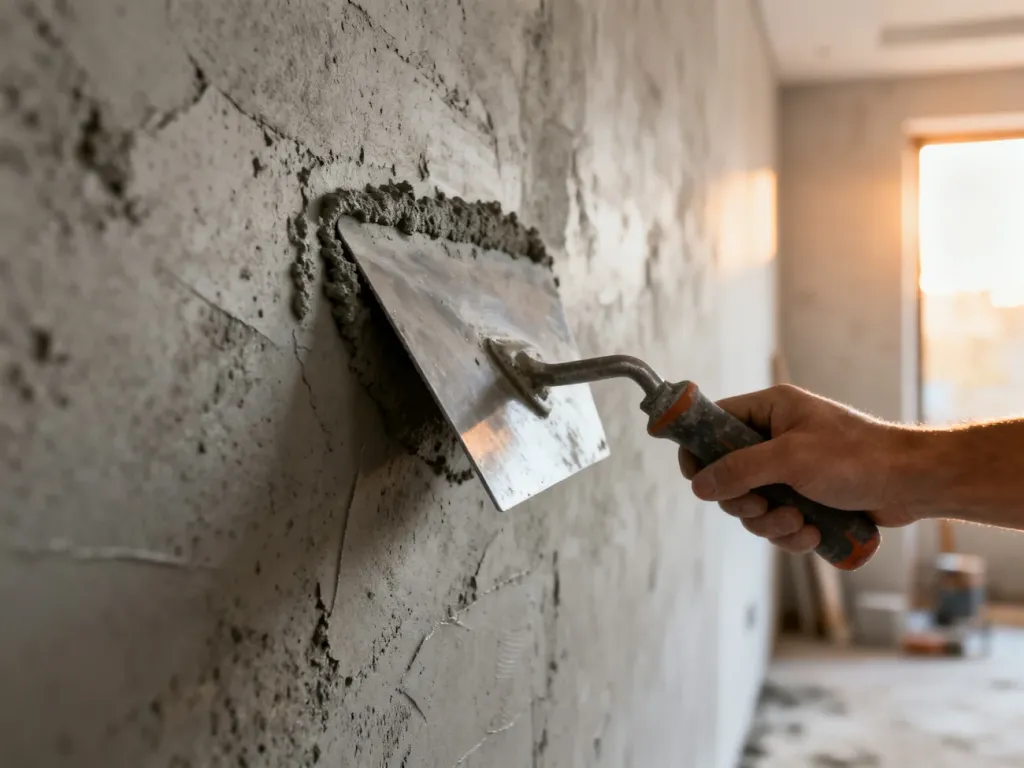 Profesjonalna paca nakłada beton architektoniczny na ścianę, tworząc surową, industrialną fakturę w nowoczesnym wnętrzu.